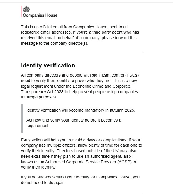 Mandatory UK Company Identity Verification Message from Companies House